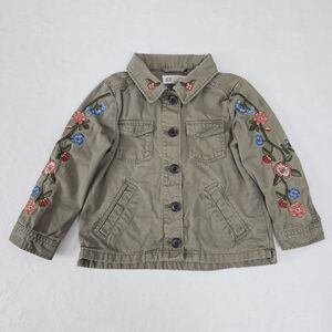 H&M Kids Girl's Khaki Green Embroidered Floral Utility Jacket Shacket Size 2-3Y